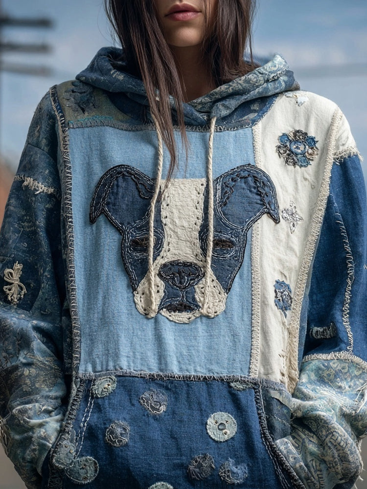 Cute Dog Boho Floral Embroidered Patchwork Washed Hoodie elevenforest