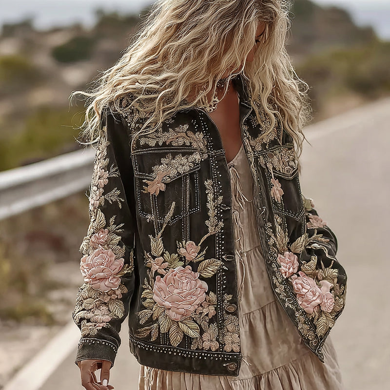 Vintage Romantic Pink Roses Embroidery Denim Jacket elevenforest