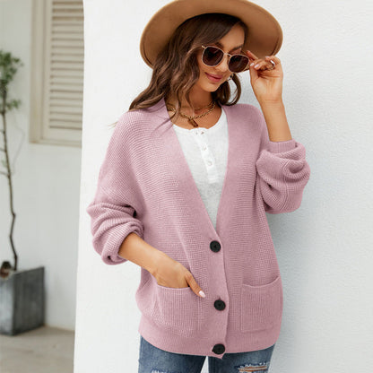Autumn Winter Loose Color Knitted Cardigan Outer Wear V Neck Sweater Cardigan Coat