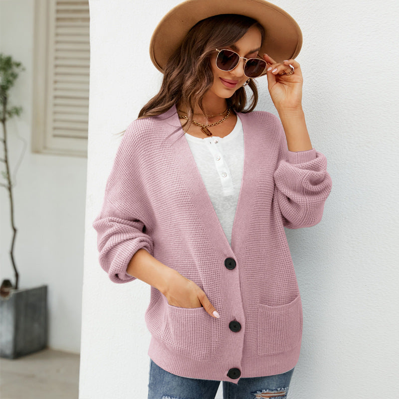 Autumn Winter Loose Color Knitted Cardigan Outer Wear V Neck Sweater Cardigan Coat