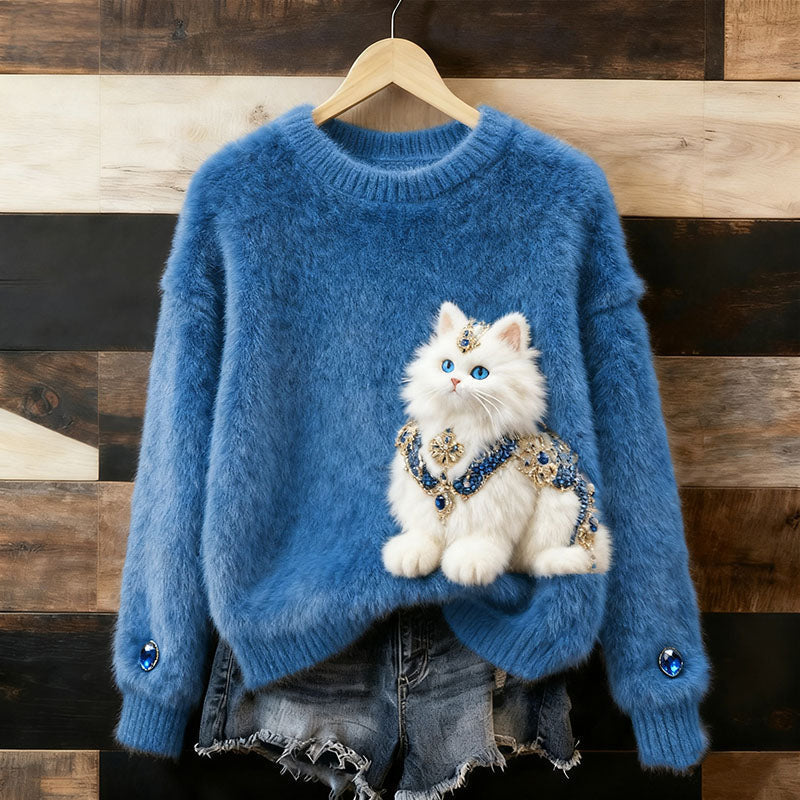 Comstylish Cute Fluffy Jewel Cat Pattern Thick Pullover Sweater