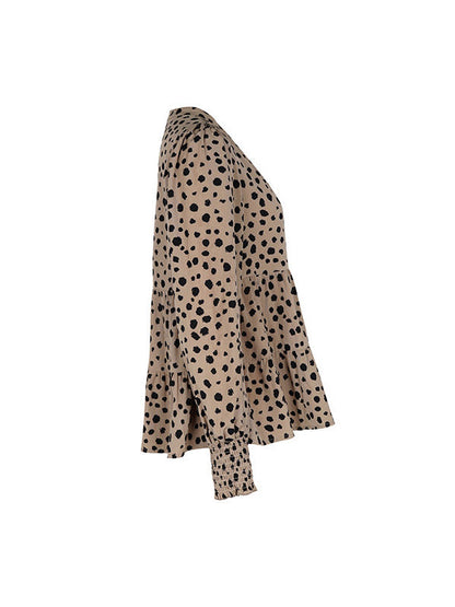 Long Sleeves Loose Elasticity Polka-dot Split-joint V-neck Blouses&shirts Tops