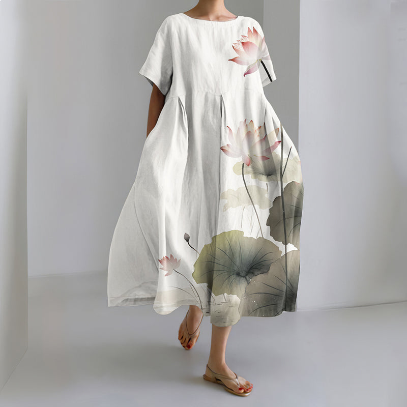 Comstylish Women's Japanese Art Lotus Print Midi Dress