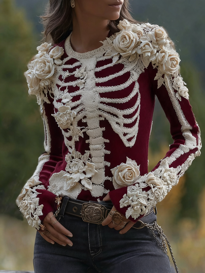 Women's Halloween Skeleton Bones With Roses Art Knitted Warm Sweater artswardrobe