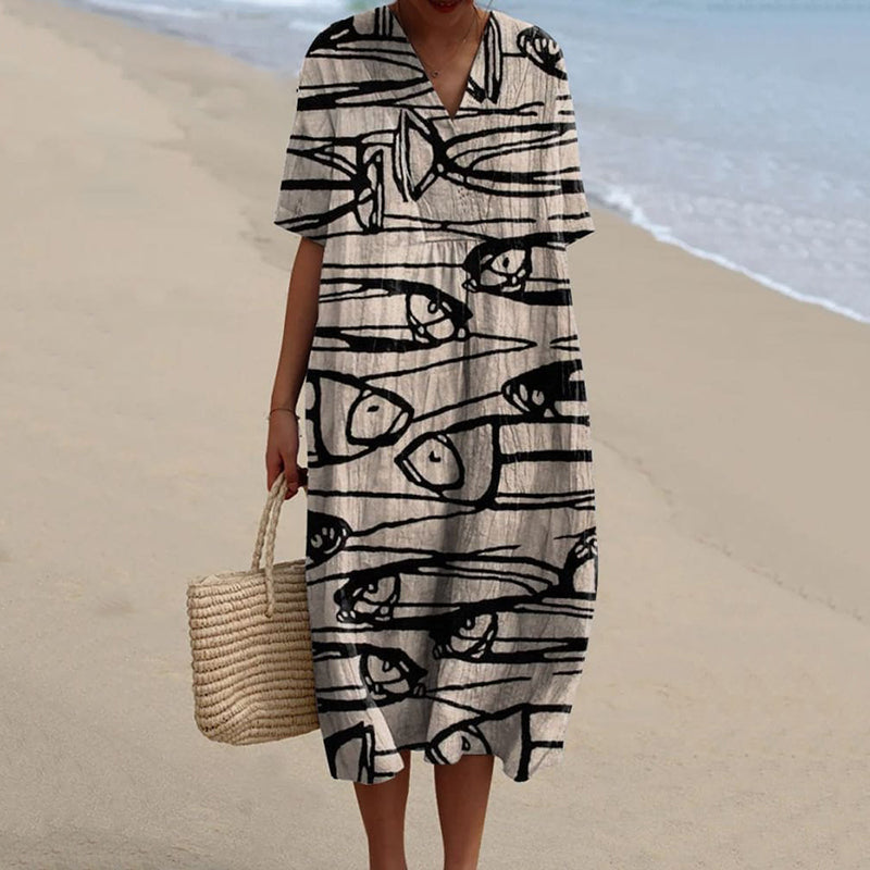 Women's Vintage Fish Art Print Flowy Dress elevenforest