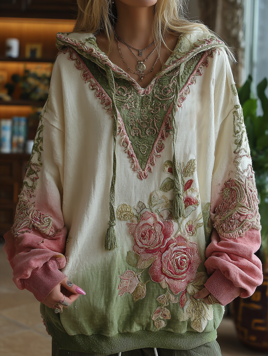 Love & Health Collection Vintage Rose And Floral Art Linen Long Sleeve Hoodie elevenforest