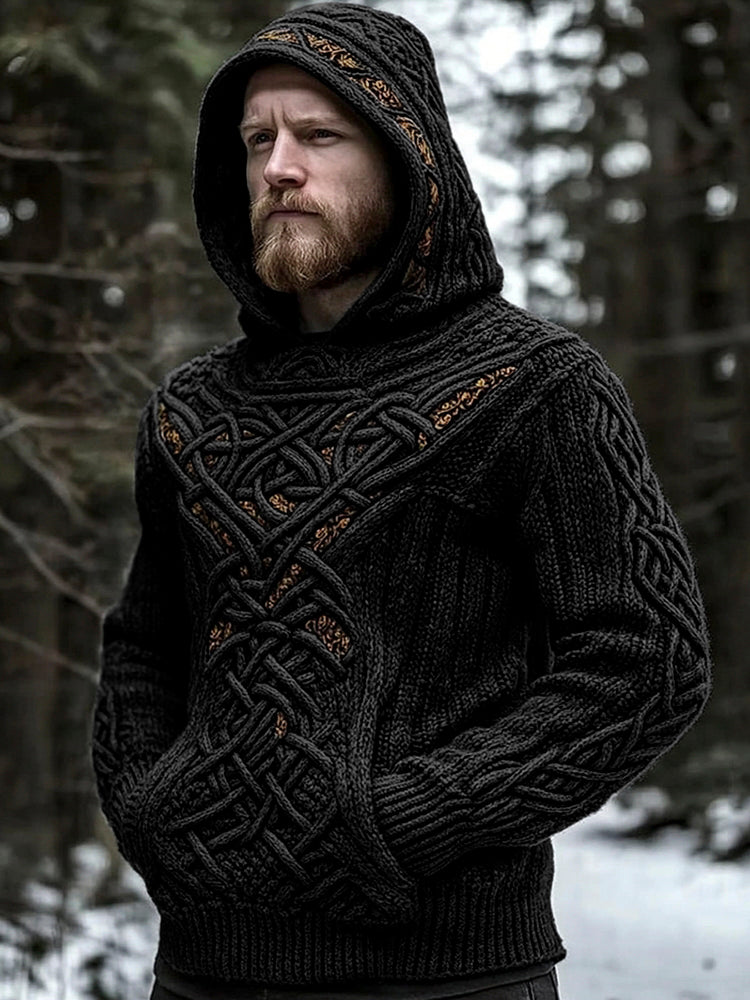 Men's Viking Jacquard Celtic Style Cozy Knit Hooded Sweater elevenforest