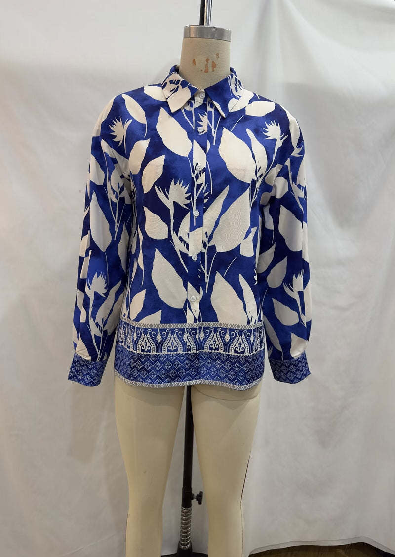 Spring Print Loose Collared Long Sleeves Shirt – Flower Pattern Blouse