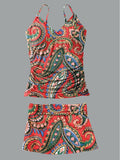 Women's Bohemian Floral Print Suspender Shirred Swimsuit Set