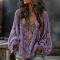 Women's Retro Floral Embroidered Art Print Flowy Linen Blend Casual Tops elevenforest