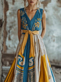 Vintage Floral Embroidery Women's Bow Belt Vest Dress elevenforest