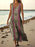 Women's Vintage Bohemian Folk Floral Collage Print V Neck Sleeveless P