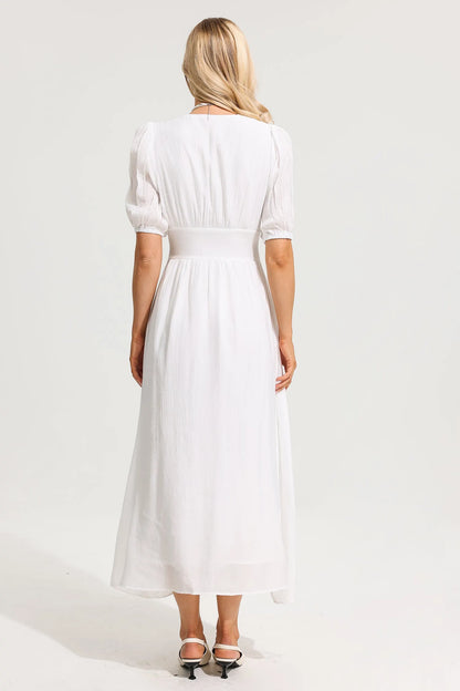 Puff Sleeve Split Midi Dress White