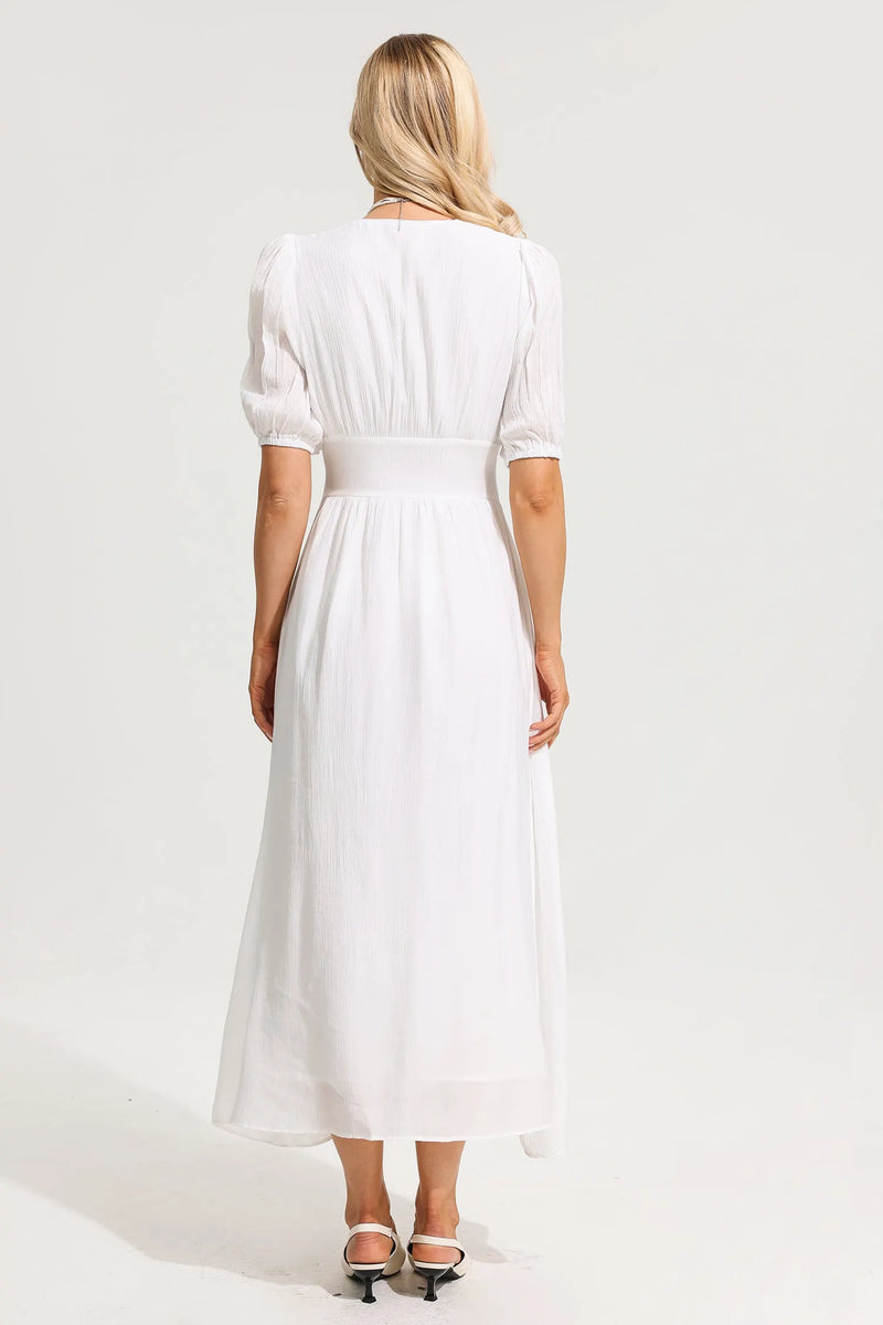 Puff Sleeve Split Midi Dress White