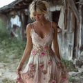 Vintage Pink Boho Floral Embroidered Flowy Linen Cami Dress elevenforest