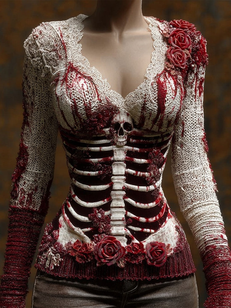 Classy Skeleton Bloody Roses V Neck Cozy Sweater artswardrobe