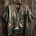 Japanese Calligraphy Cranes & Pine Trees Sea Waves Linen Shirt elevenforest