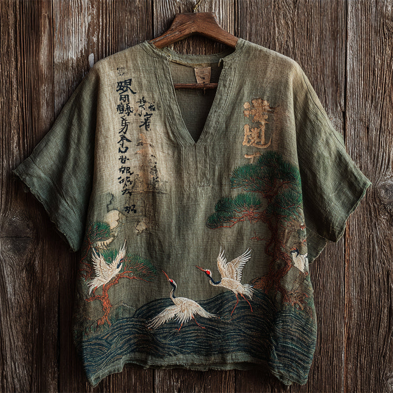 Japanese Calligraphy Cranes & Pine Trees Sea Waves Linen Shirt elevenforest