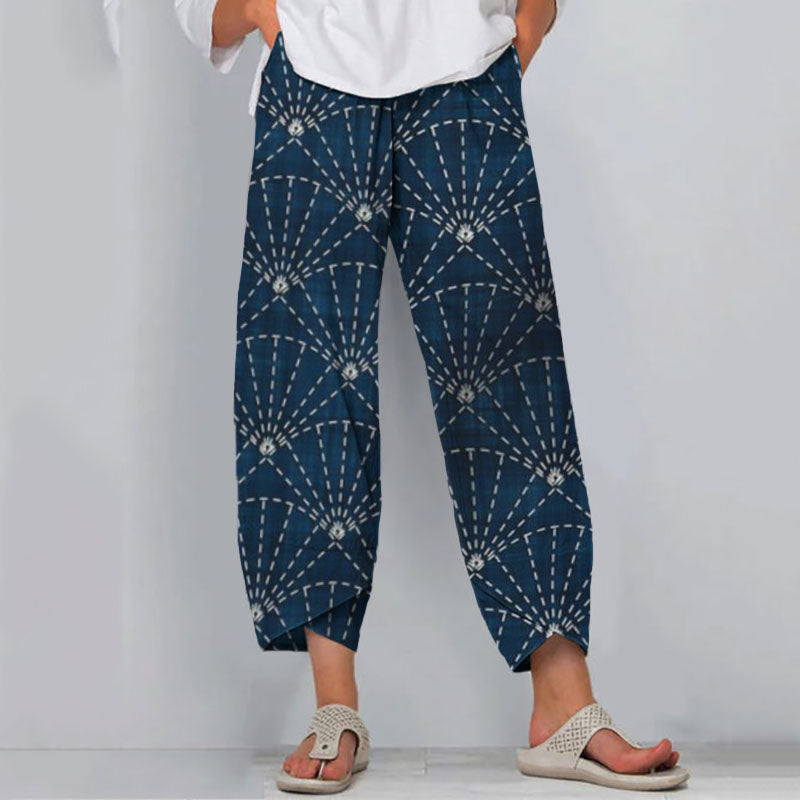 Vintage Japanese Traditional Sashiko Fan-Shaped Art Pattern Cropped Casual Pants elevenforest