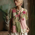 Vintage Pink Roses Patchwork Art Linen Casual Tunic elevenforest