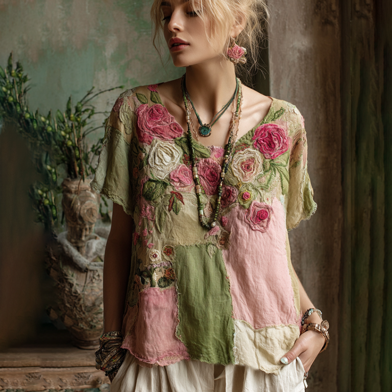 Vintage Pink Roses Patchwork Art Linen Casual Tunic elevenforest