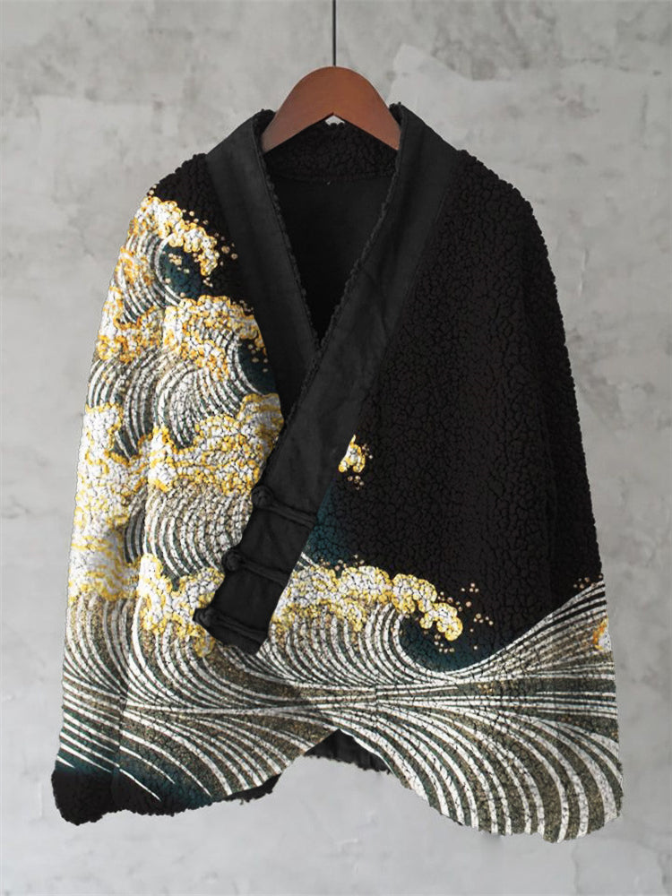 Sea Waves Japanese Contrast Art Cozy Fleece Kimono Cardigan elevenforest