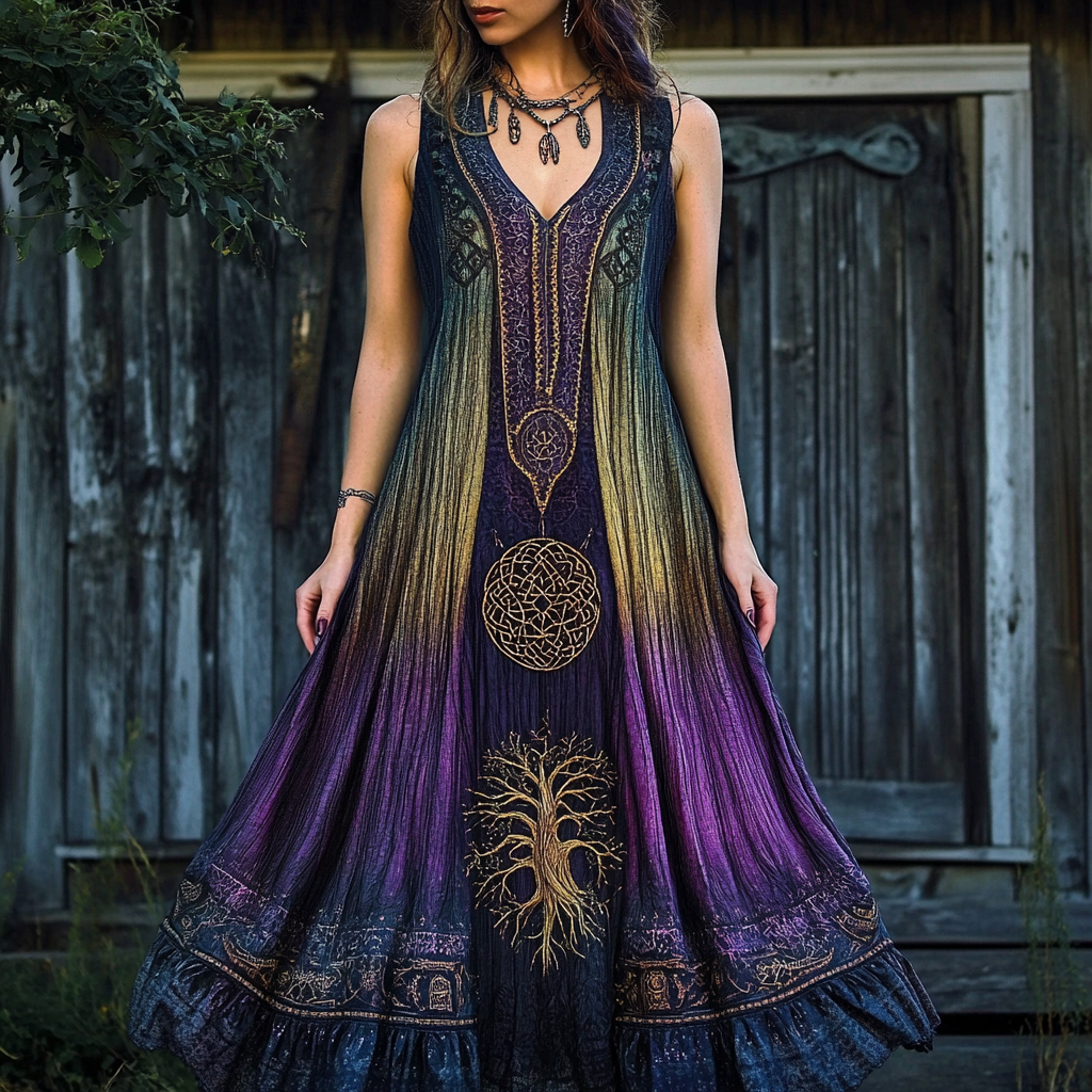 Women's Viking Tree Of Life Gradient Tank Midi Dress elevenforest