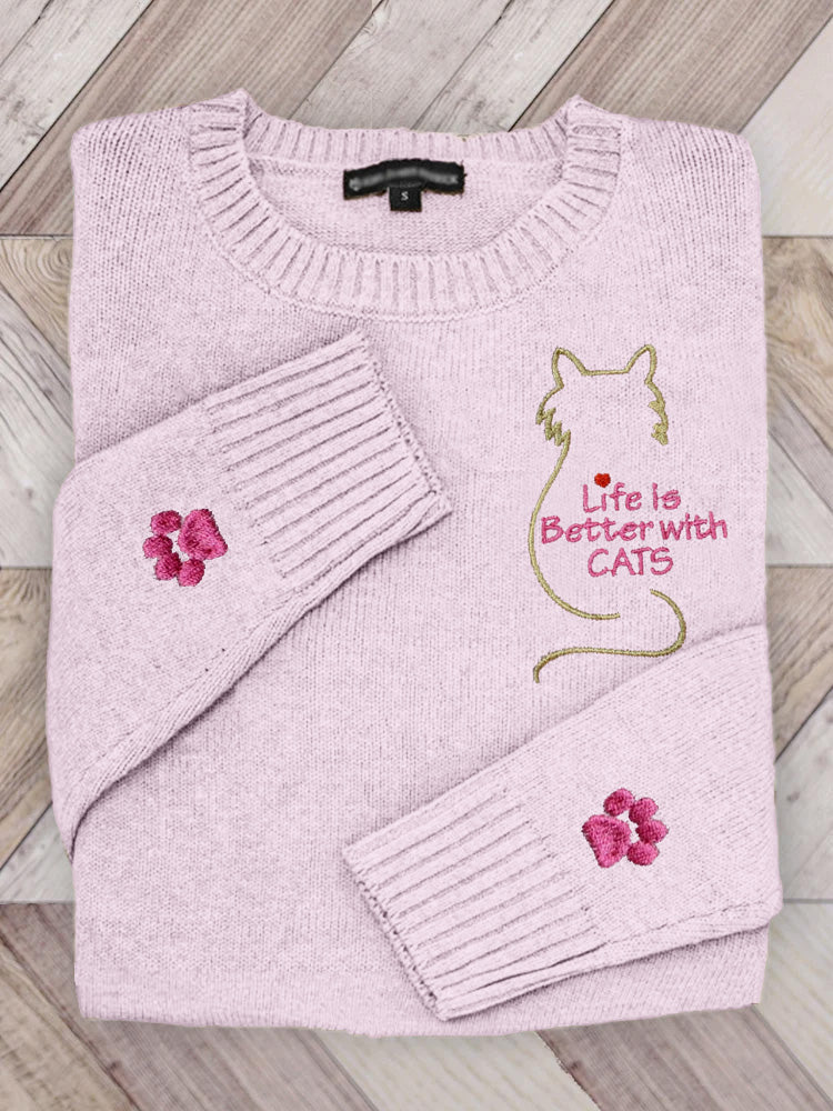 Life Is Better With Cats Embroidered Cozy Sweater elevenforest