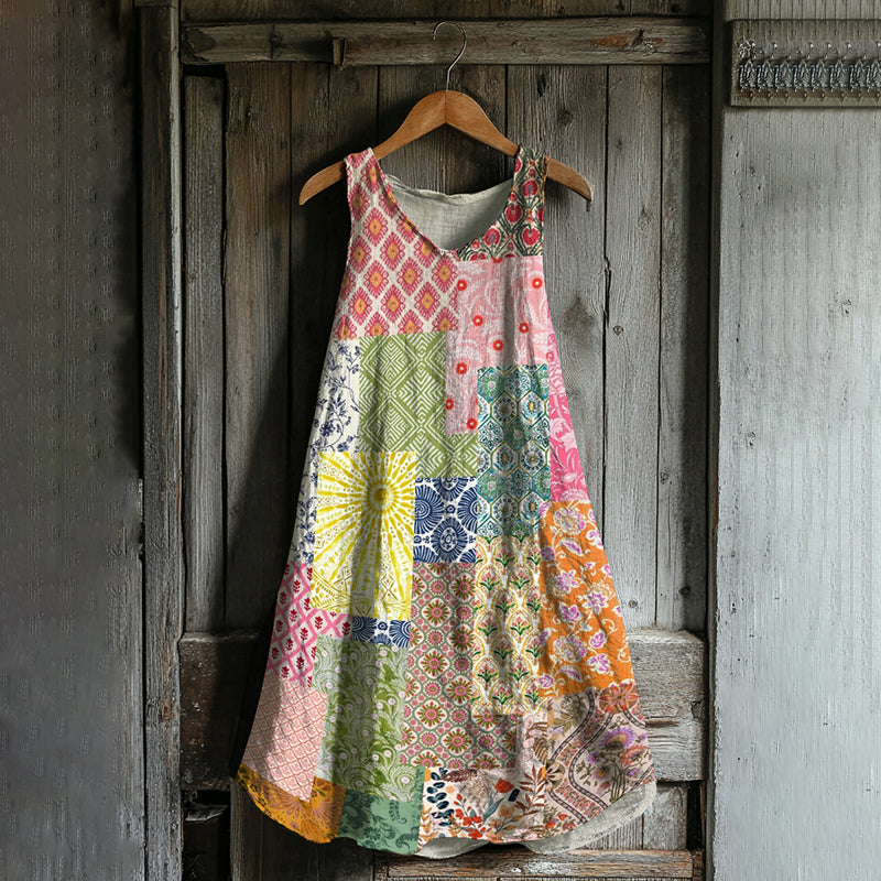 Vintage Floral Patchwork Art Linen Blend Tank Dress elevenforest