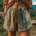 Women's Patchwork Floral Contrast Waist Drawstring Pocket Shorts elevenforest
