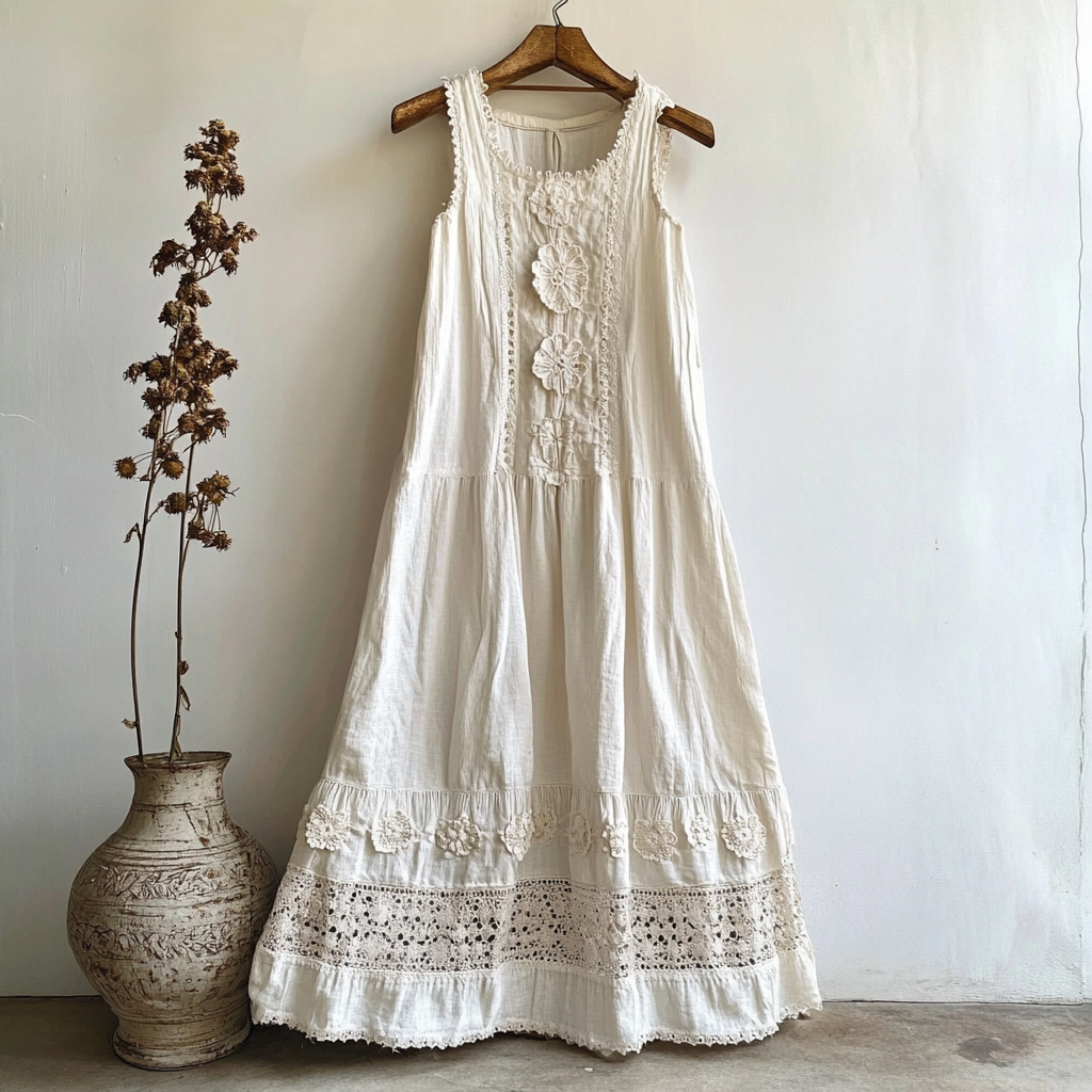 Elegant Floral Lace Cutout Design Linen Sleeveless Dress elevenforest