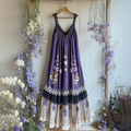 Vintage Lace Flowers Design Linen V Dress elevenforest