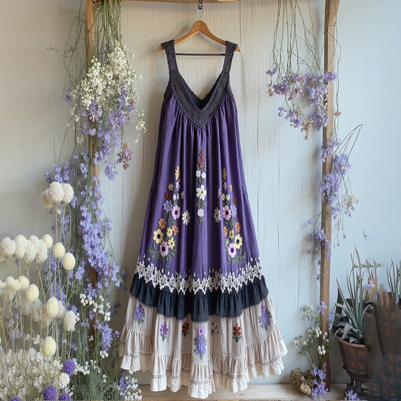Vintage Lace Flowers Design Linen V Dress elevenforest