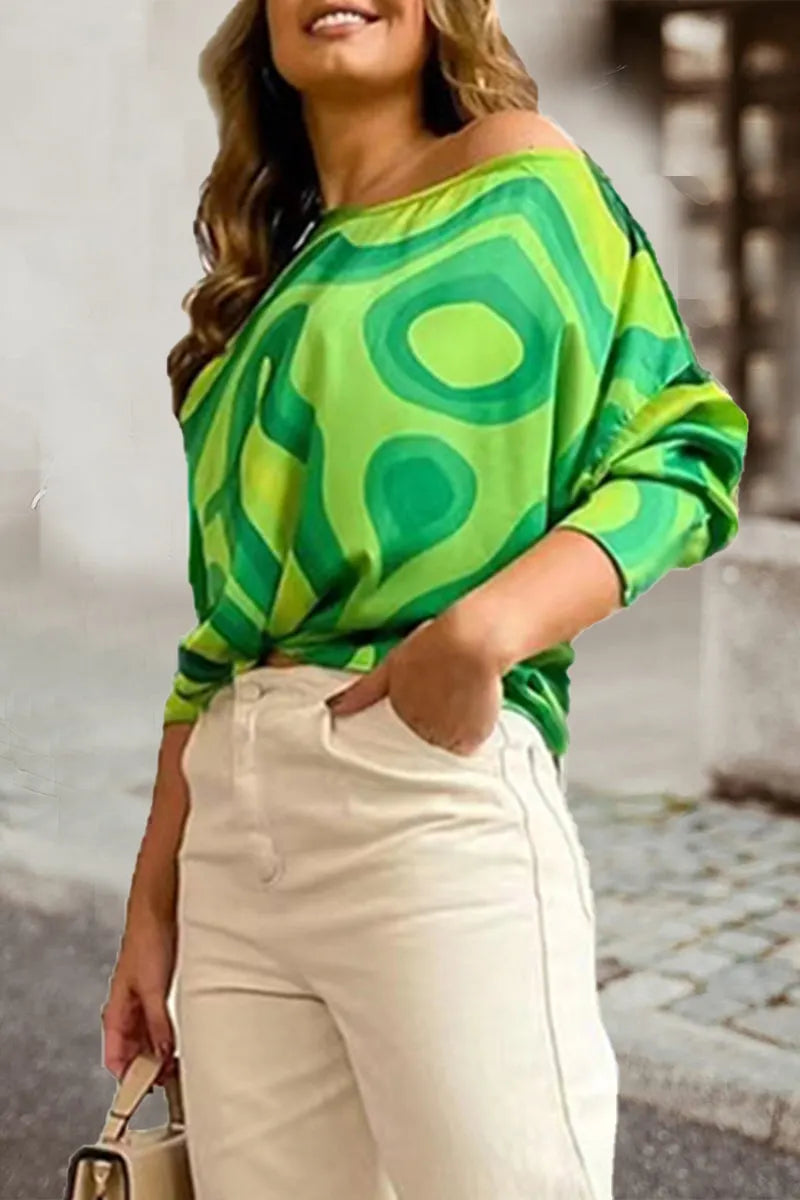 Work Print Patchwork Oblique Collar T-shirts