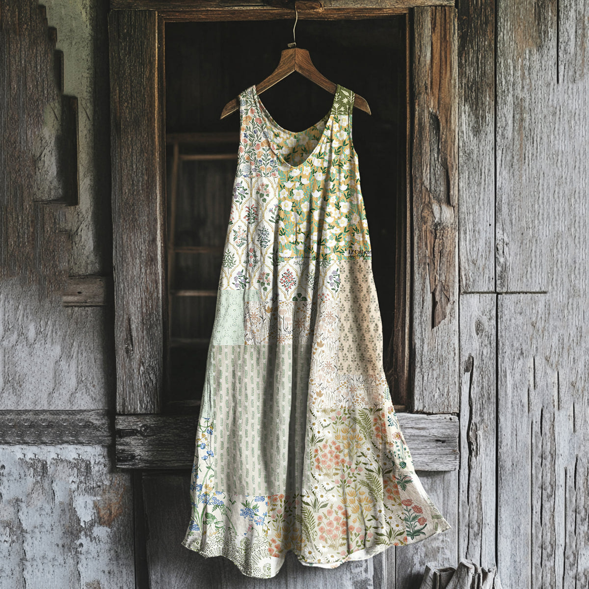 Vintage Floral Art Cotton Linen Comfy Tank Dress elevenforest
