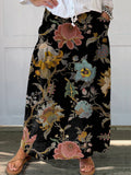 Women's Vintage Ethnic Floral Art Print Linen Pocket Skirt