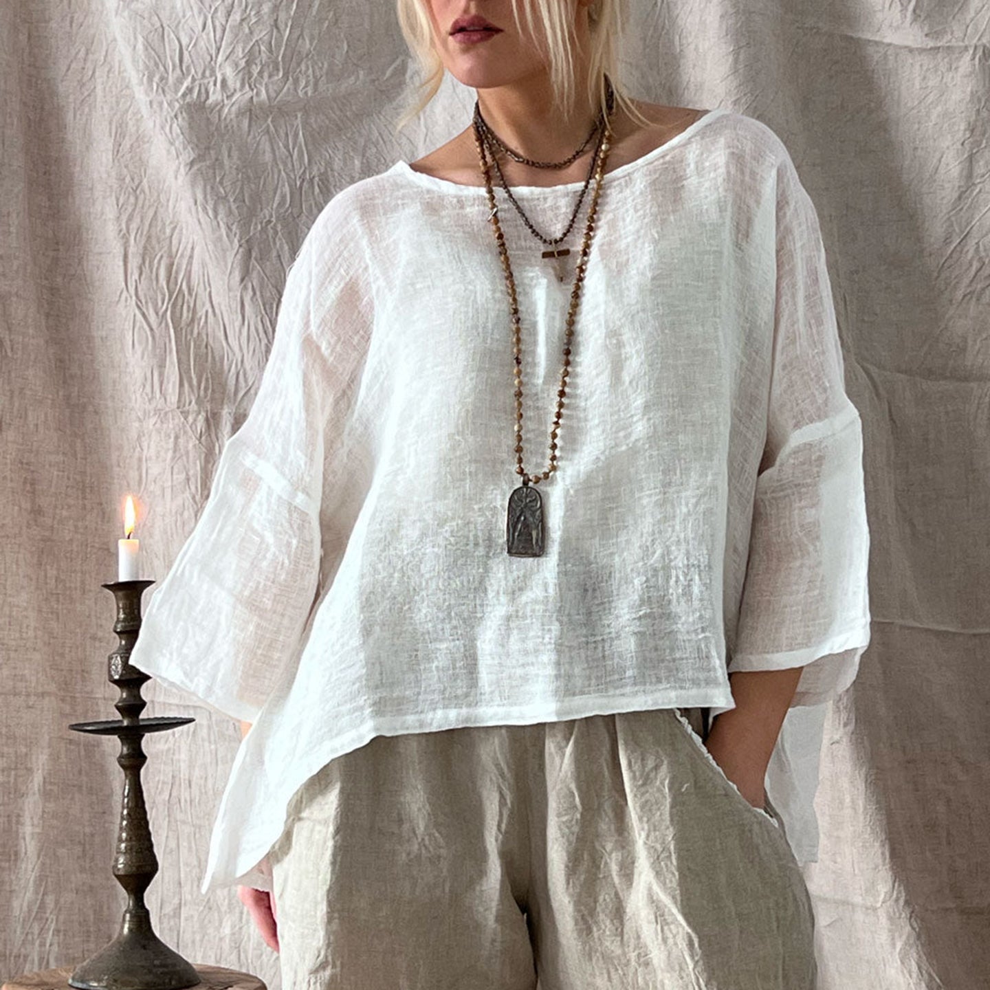 Women's Vintage Cotton And Linen Crew Neck Blouse elevenforest