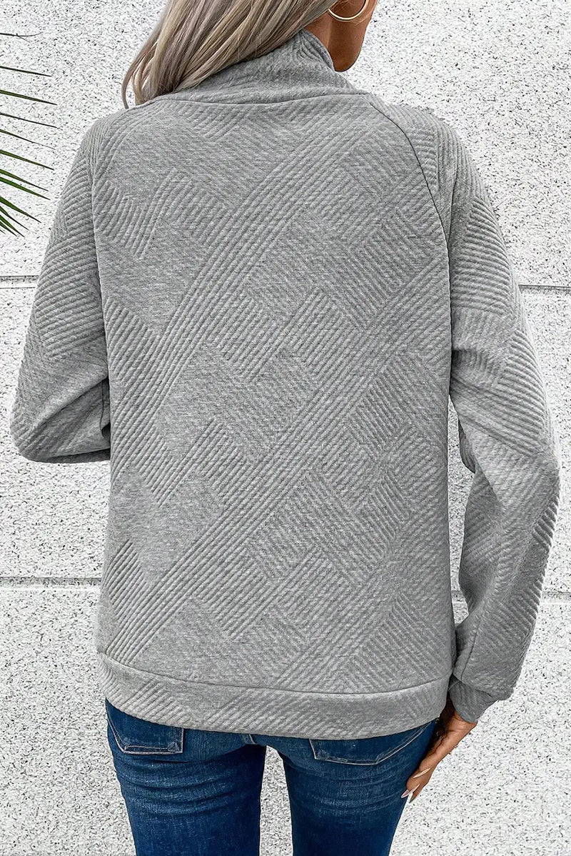Gray Asymmetric Ribbed High Neck Textured Sweatshirt