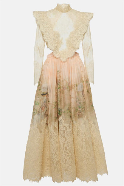 Lace Long Sleeve Top ?high Waist Midi Skirt Set