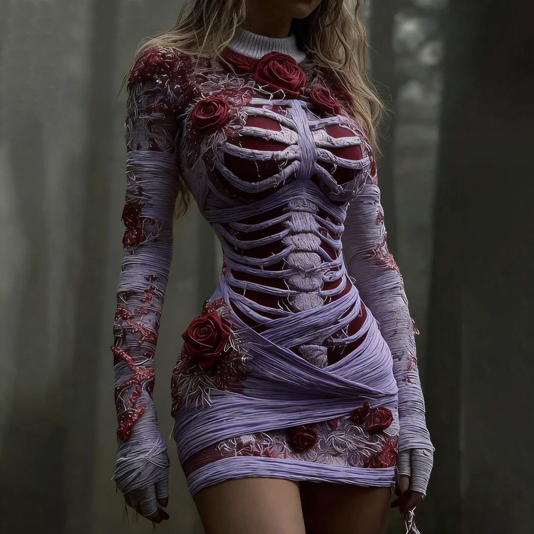 Comstylish Women's Vintage Red Rose Skeleton Art Knit Mini Sweater Dress