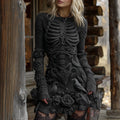 Comstylish Women's Halloween Skeleton With Rose And Raven Celtic Knit Mini Sweater Dress