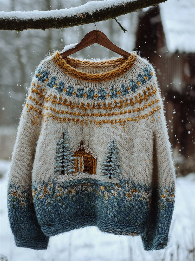 Comstylish Winter Forest Cottage Landscape Colorblock Knit Isle Sweater
