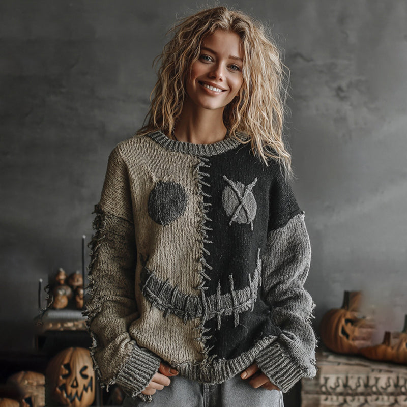 Halloween Pumpkin Face Art Cozy Knit Sweater elevenforest