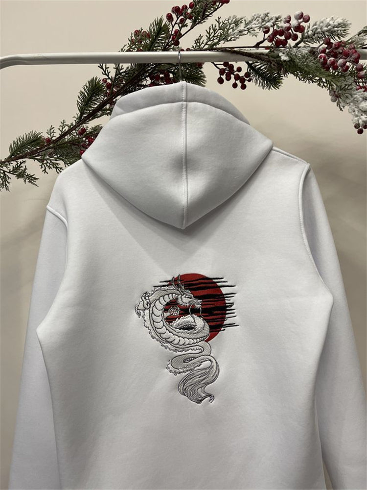 Men's Japanese Dragon Sunrise Embroidered Cozy Hoodie elevenforest