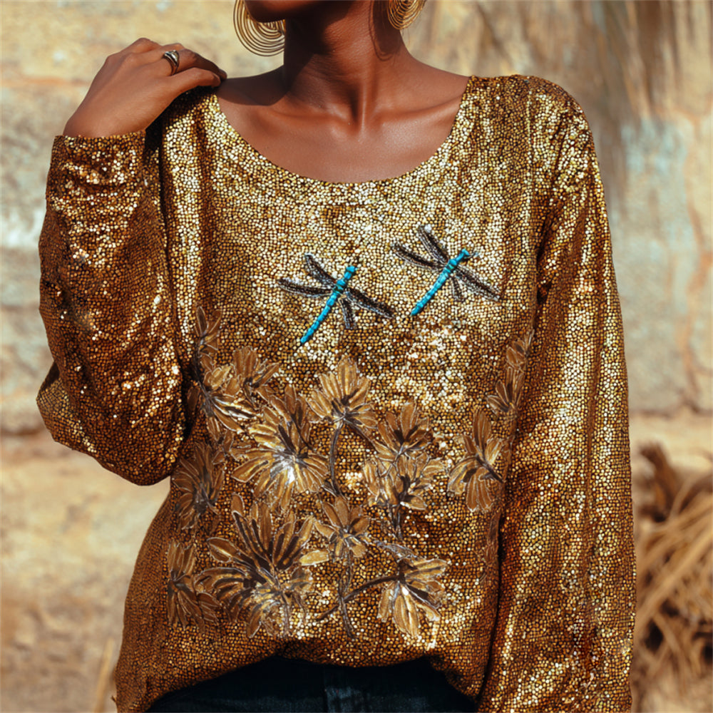 Vintage Dragonfly Floral Art Women's Round Neck Loose Glitter Top elevenforest