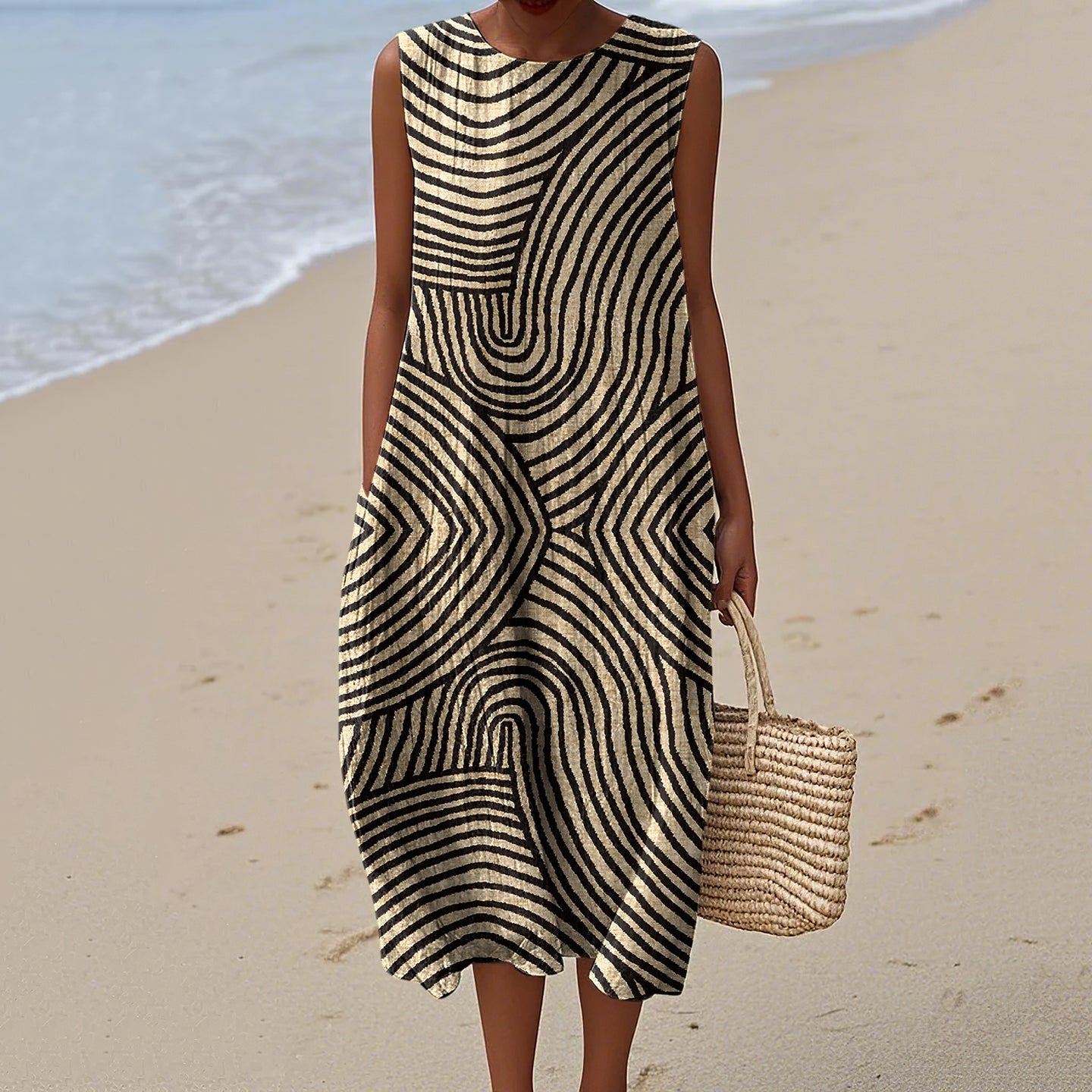 Women's Vintage Stripe Pattern Sleeveless Cotton Dress elevenforest