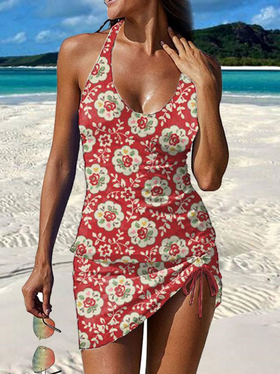 Women's Floral Print Pleated Drawstring V-neck Tankini Pantskirt Set Swimsuit