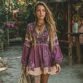 Women's Retro Ethnic Floral Long Sleeve Short Dress elevenforest