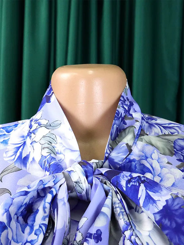 Long Sleeves Printed Blouse + Split-back Color Skirt Two Pieces Set