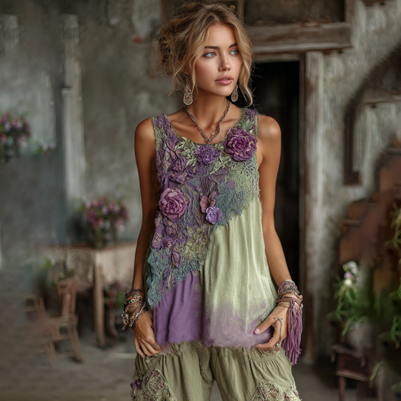 Vintage Classy Gradient Purple Lavender And Floral Embroidered Pattern Linen Tank Top elevenforest